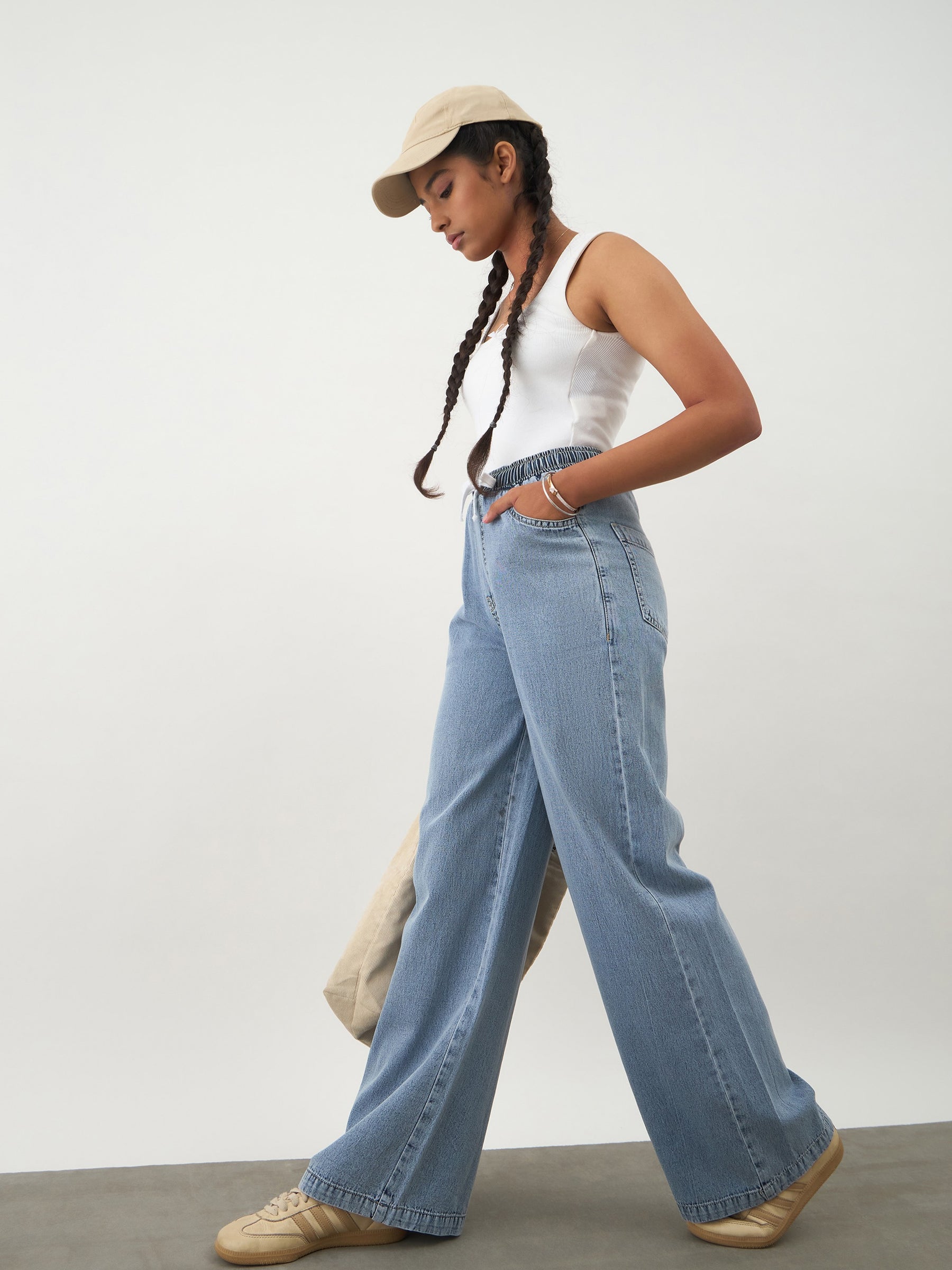 Girls Blue Wash Denim Drawstring Pants