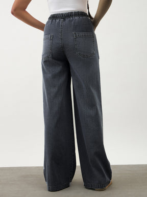 Girls Black Wash Denim Drawstring Pants