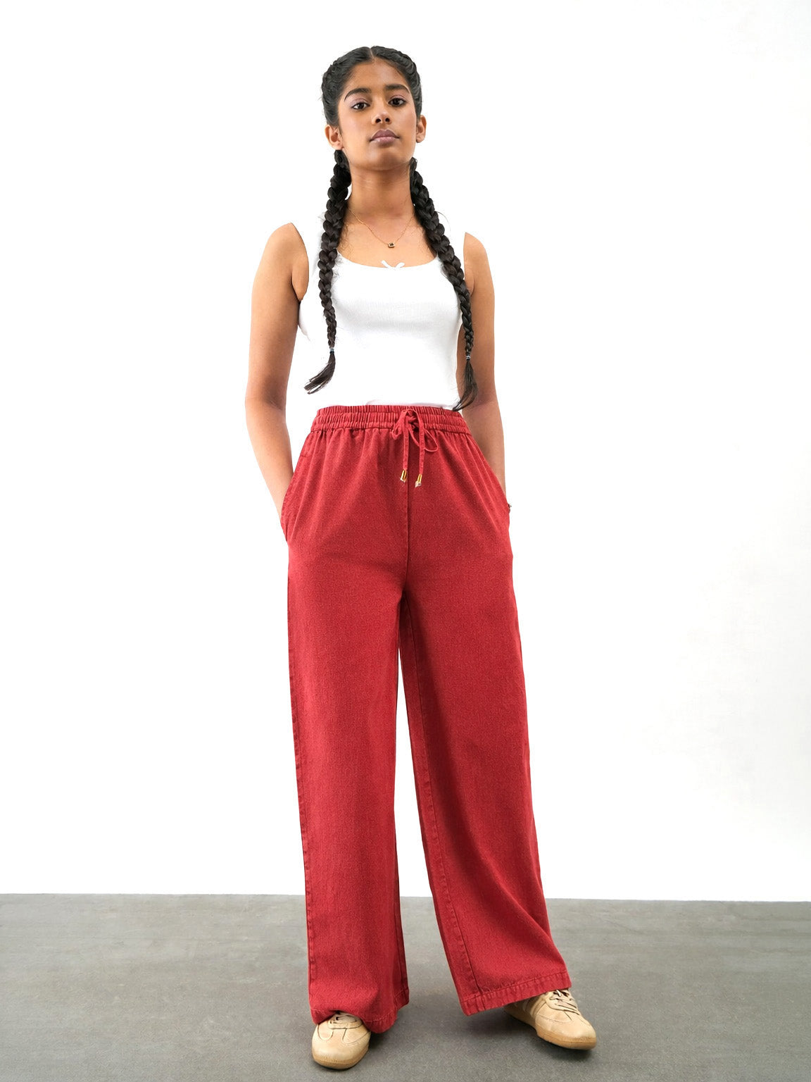 Red Twill Overdyed Elasticated Straight Pants -Noh.Voh 