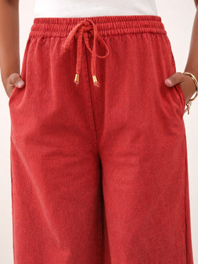 Red Twill Overdyed Elasticated Straight Pants -Noh.Voh 