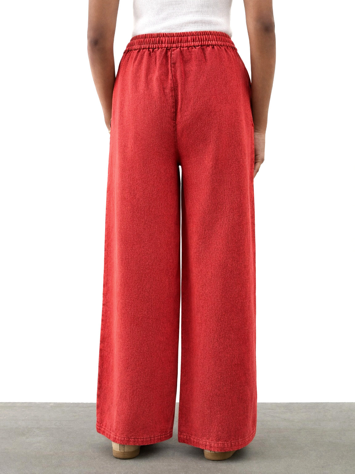 Girls Red Twill Overdyed Elasticated Straight Pants