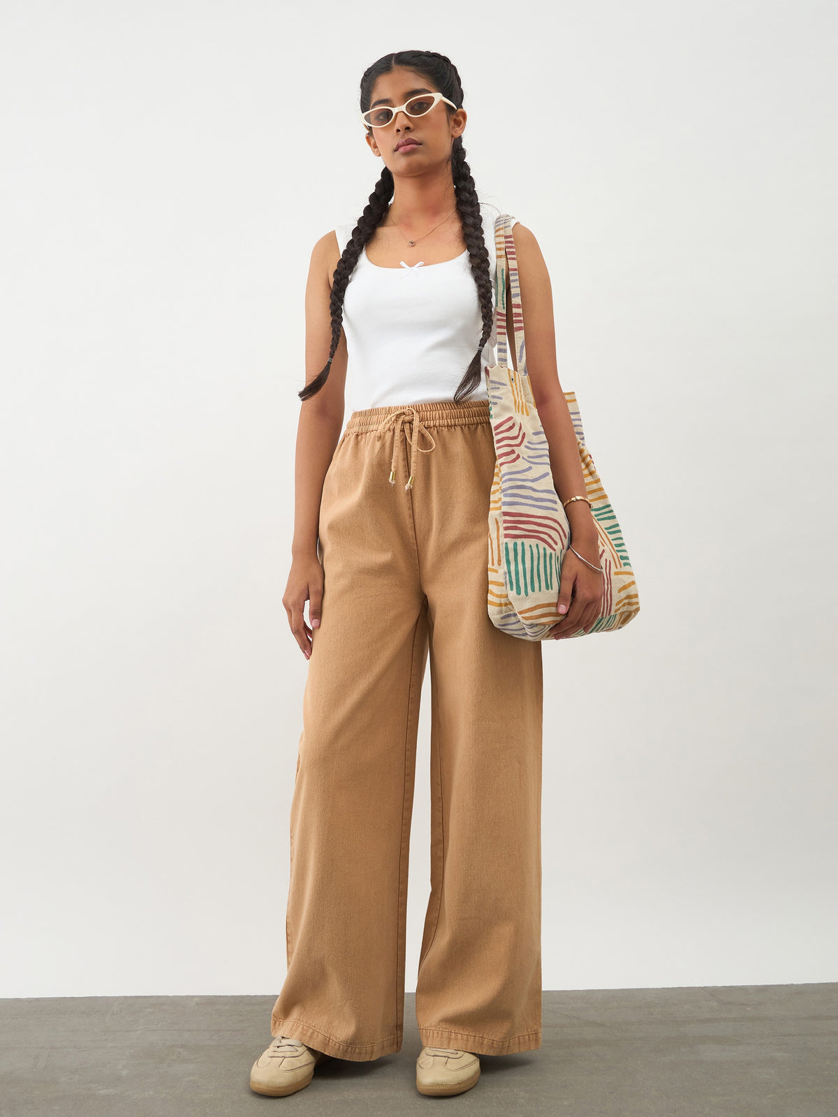 Beige Twill Overdyed Elasticated Straight Pants -Noh.Voh 