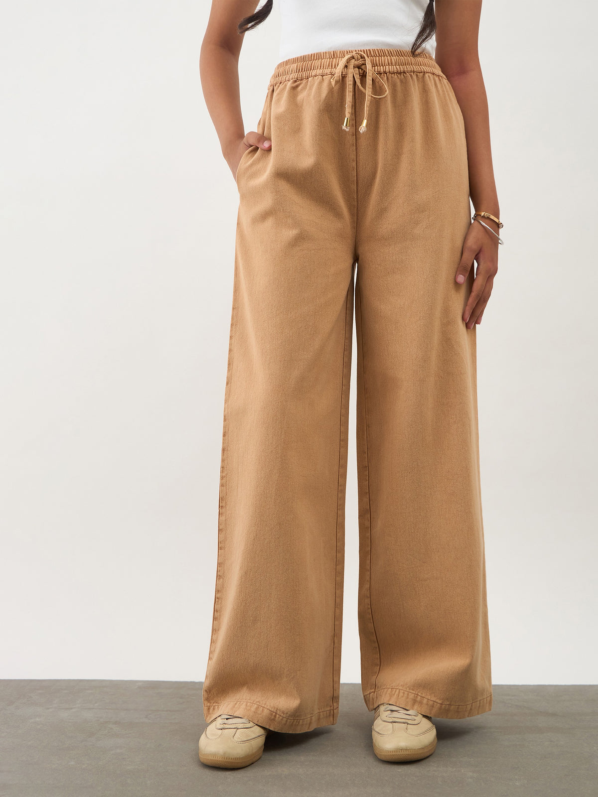 Beige Twill Overdyed Elasticated Straight Pants -Noh.Voh 