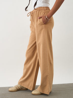 Beige Twill Overdyed Elasticated Straight Pants -Noh.Voh 