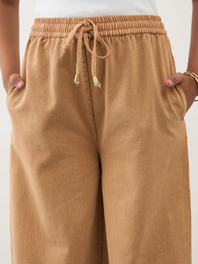 Beige Twill Overdyed Elasticated Straight Pants -Noh.Voh 