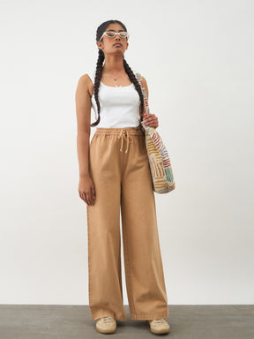 Girls Beige Twill Overdyed Elasticated Straight Pants
