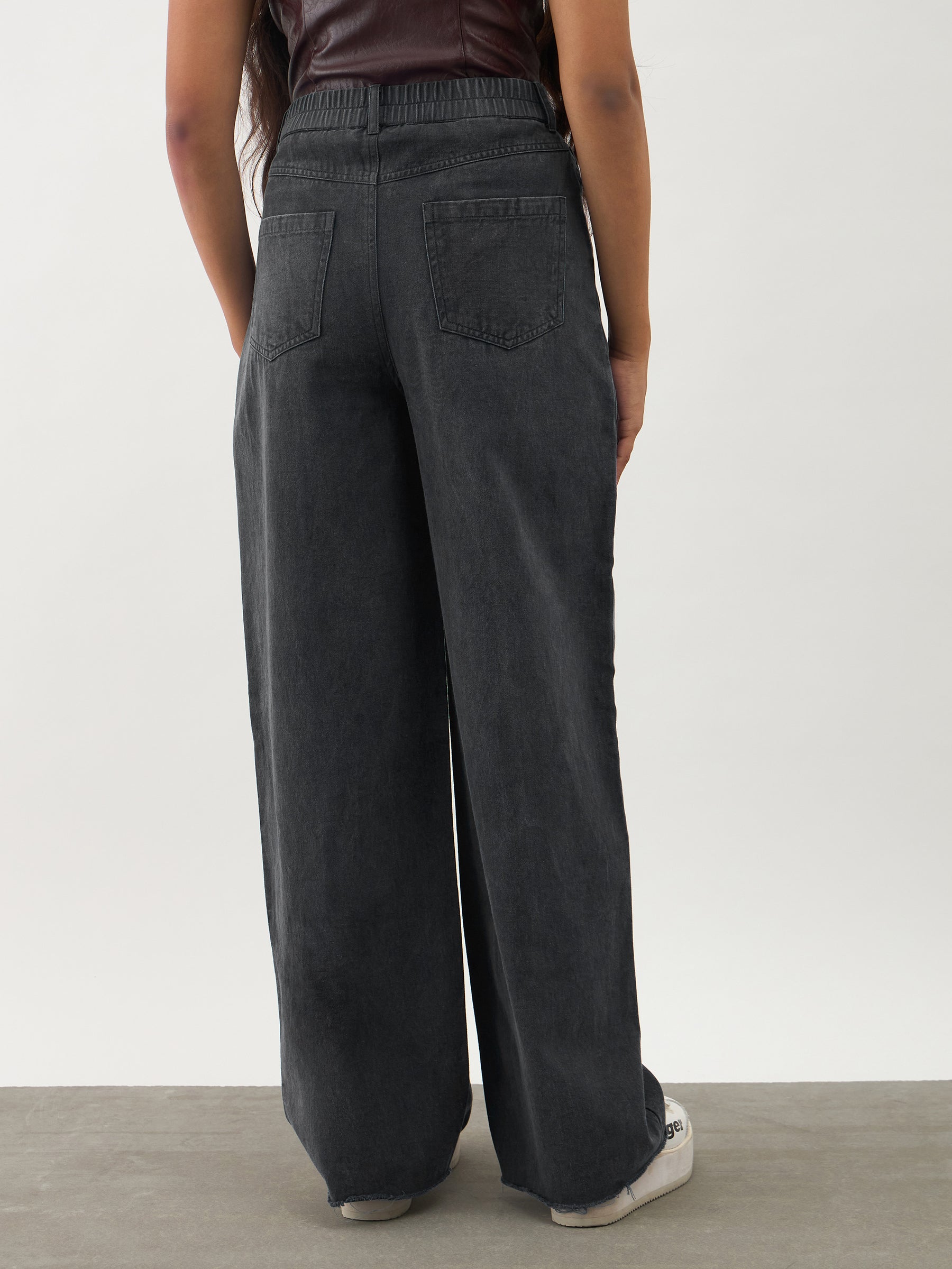Girls Black Twill Overdyed Straight Fit Pants