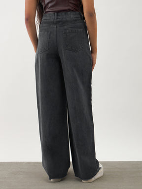 Girls Black Twill Overdyed Straight Fit Pants