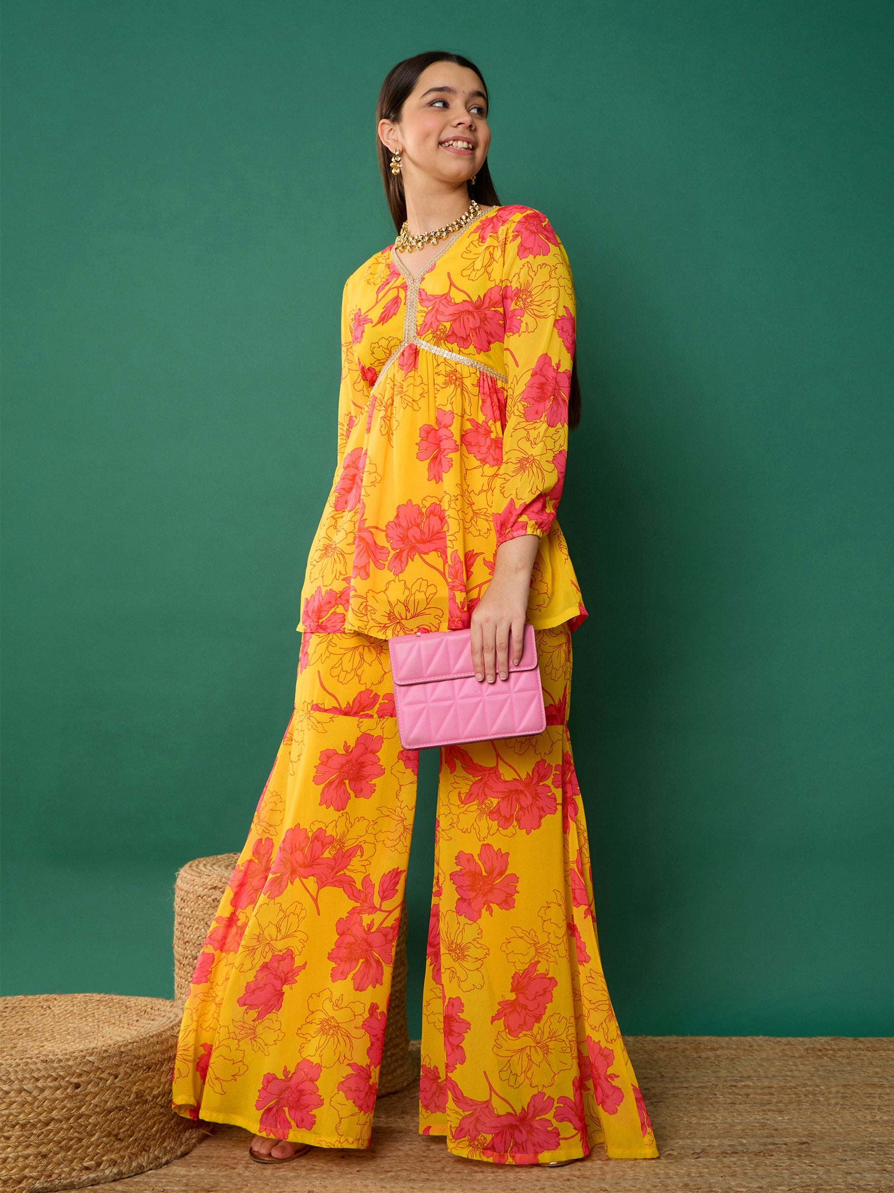 Yellow Floral Peplum Top With Biased Flare Sharara-Noh.Voh