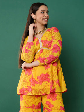 Yellow Floral Peplum Top With Biased Flare Sharara-Noh.Voh