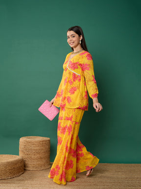 Yellow Floral Peplum Top With Biased Flare Sharara-Noh.Voh