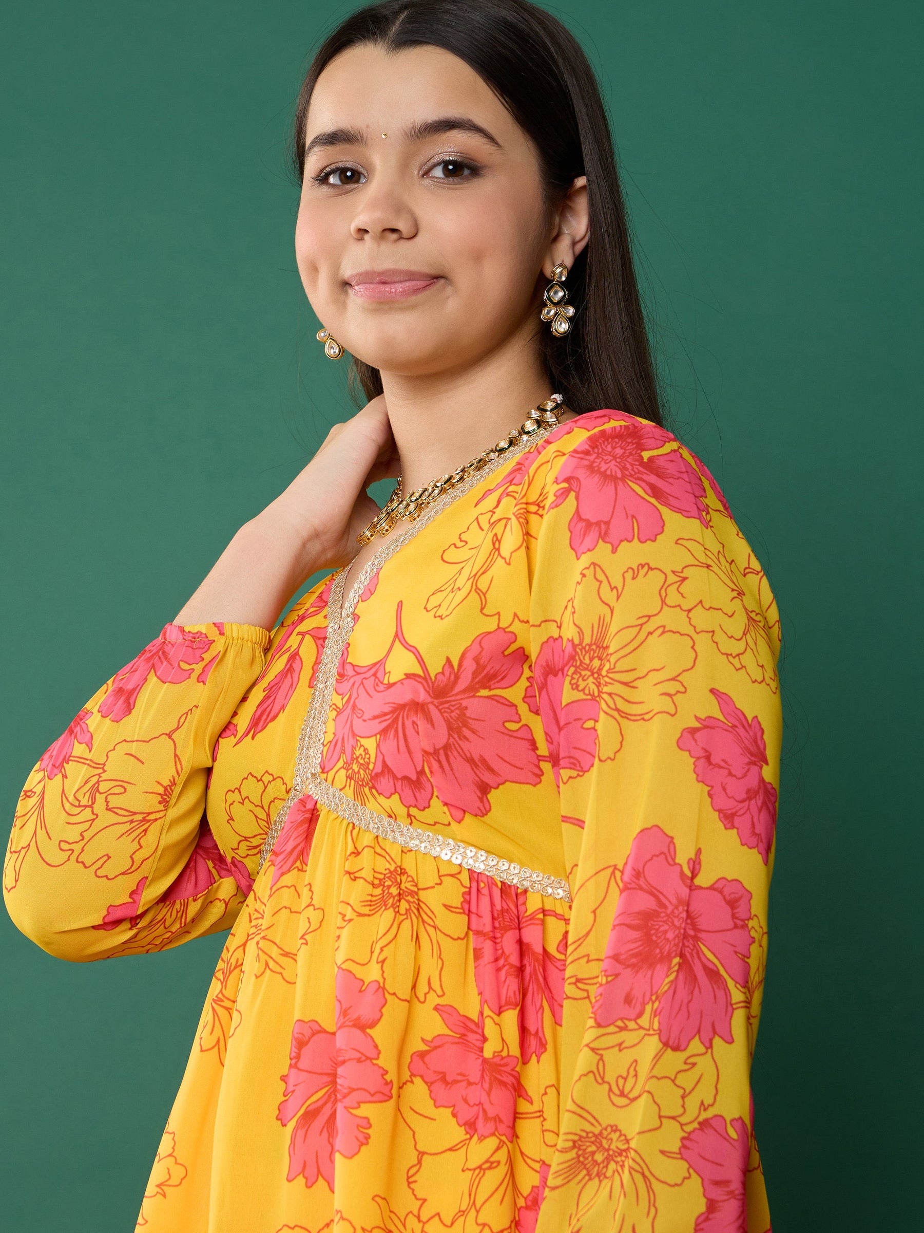 Yellow Floral Peplum Top With Biased Flare Sharara-Noh.Voh