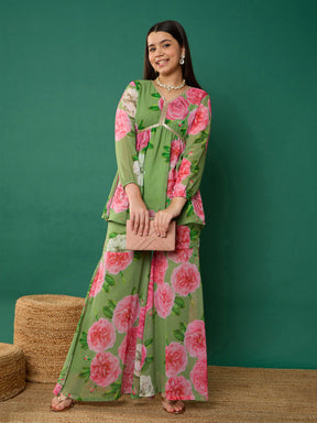 Green Floral Peplum Top With Biased Flare Sharara-Noh.Voh