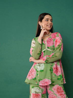 Green Floral Peplum Top With Biased Flare Sharara-Noh.Voh