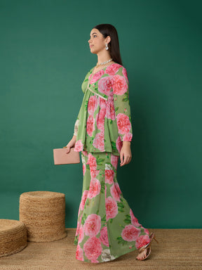 Green Floral Peplum Top With Biased Flare Sharara-Noh.Voh