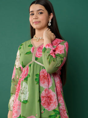 Green Floral Peplum Top With Biased Flare Sharara-Noh.Voh