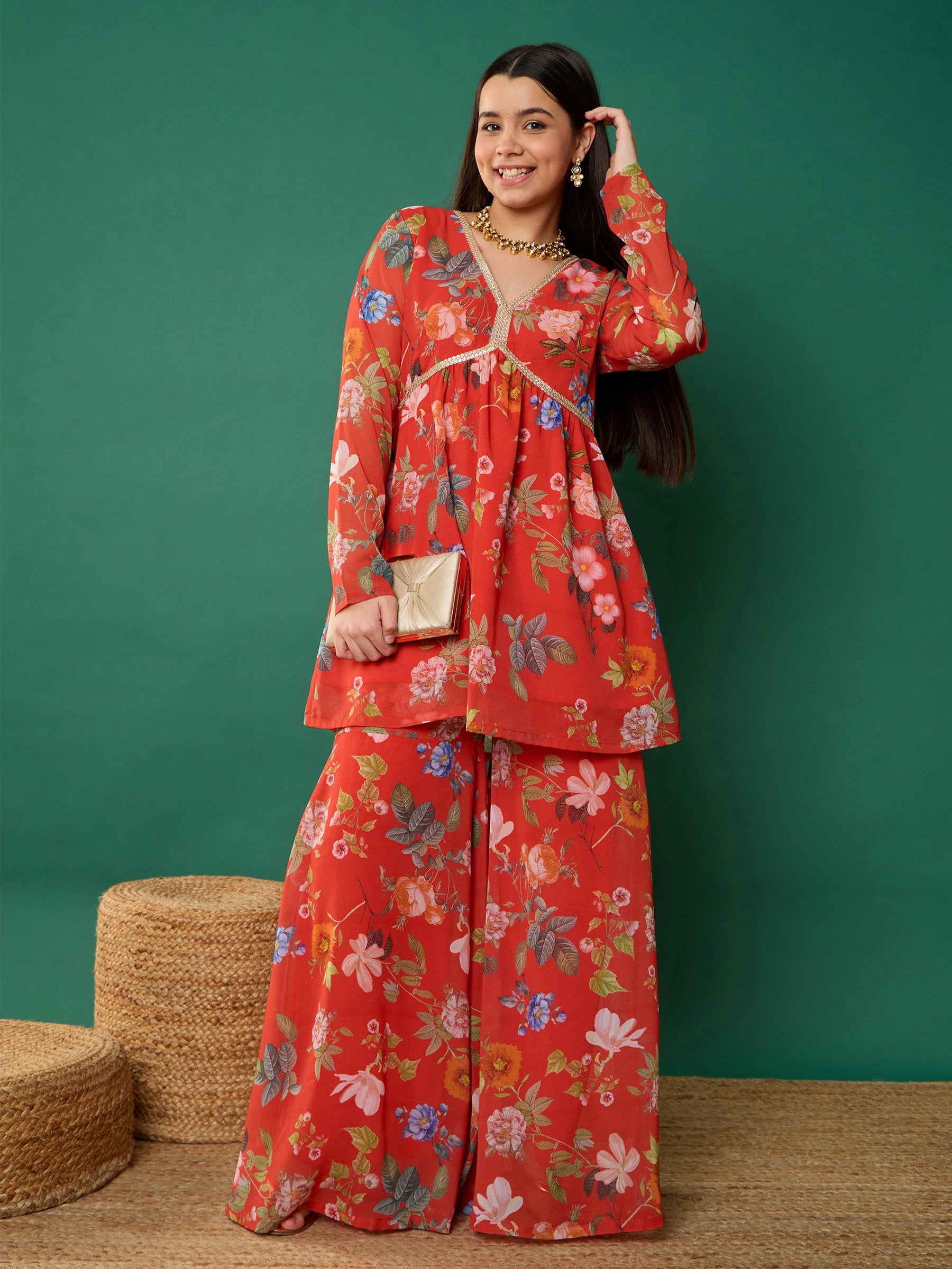 Red Floral Peplum Top With Biased Flare Sharara -Noh.Voh