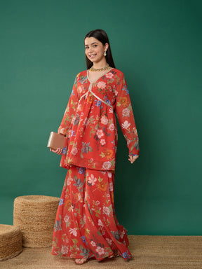 Red Floral Peplum Top With Biased Flare Sharara -Noh.Voh