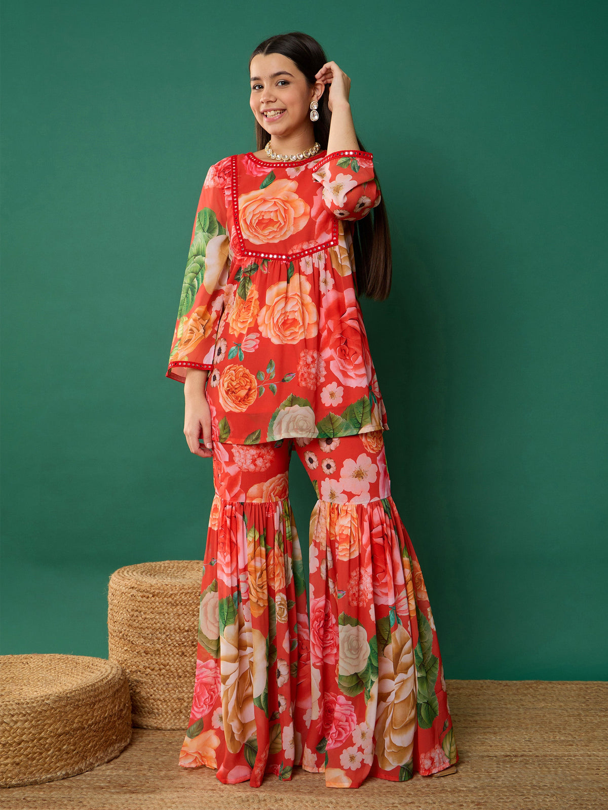 Red Floral Short Kurta With Sharara Pants-Noh.Voh