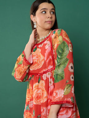 Red Floral Short Kurta With Sharara Pants-Noh.Voh