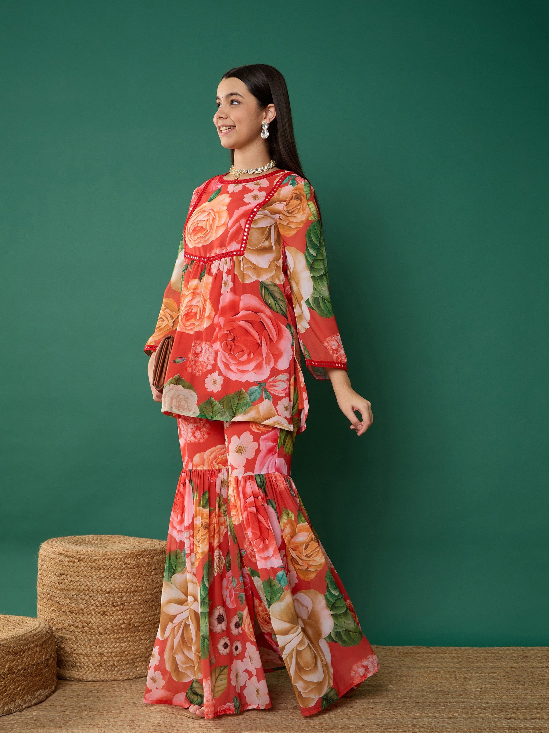 Red Floral Short Kurta With Sharara Pants-Noh.Voh