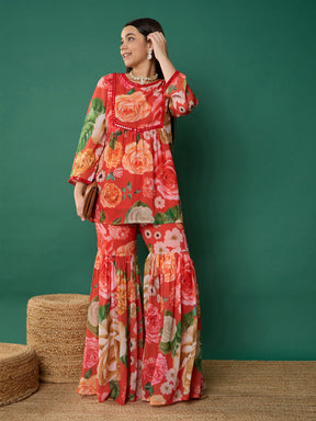 Red Floral Short Kurta With Sharara Pants-Noh.Voh