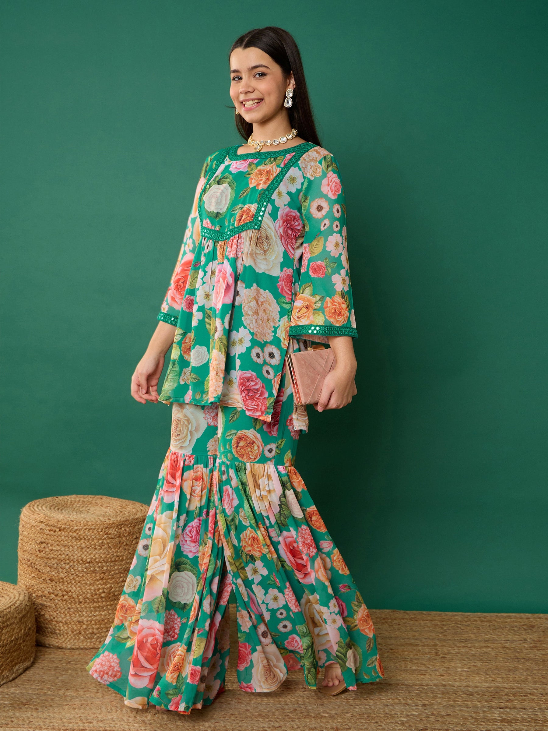 Green Floral Short Kurta With Sharara Pants-Noh.Voh