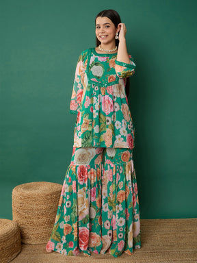 Green Floral Short Kurta With Sharara Pants-Noh.Voh