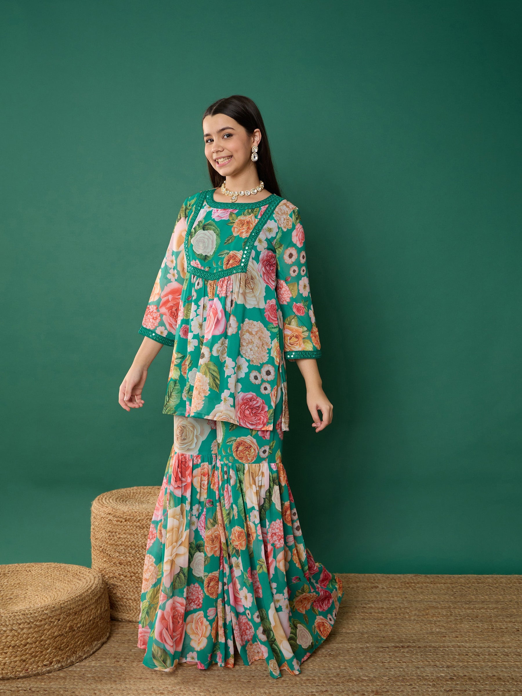 Green Floral Short Kurta With Sharara Pants-Noh.Voh