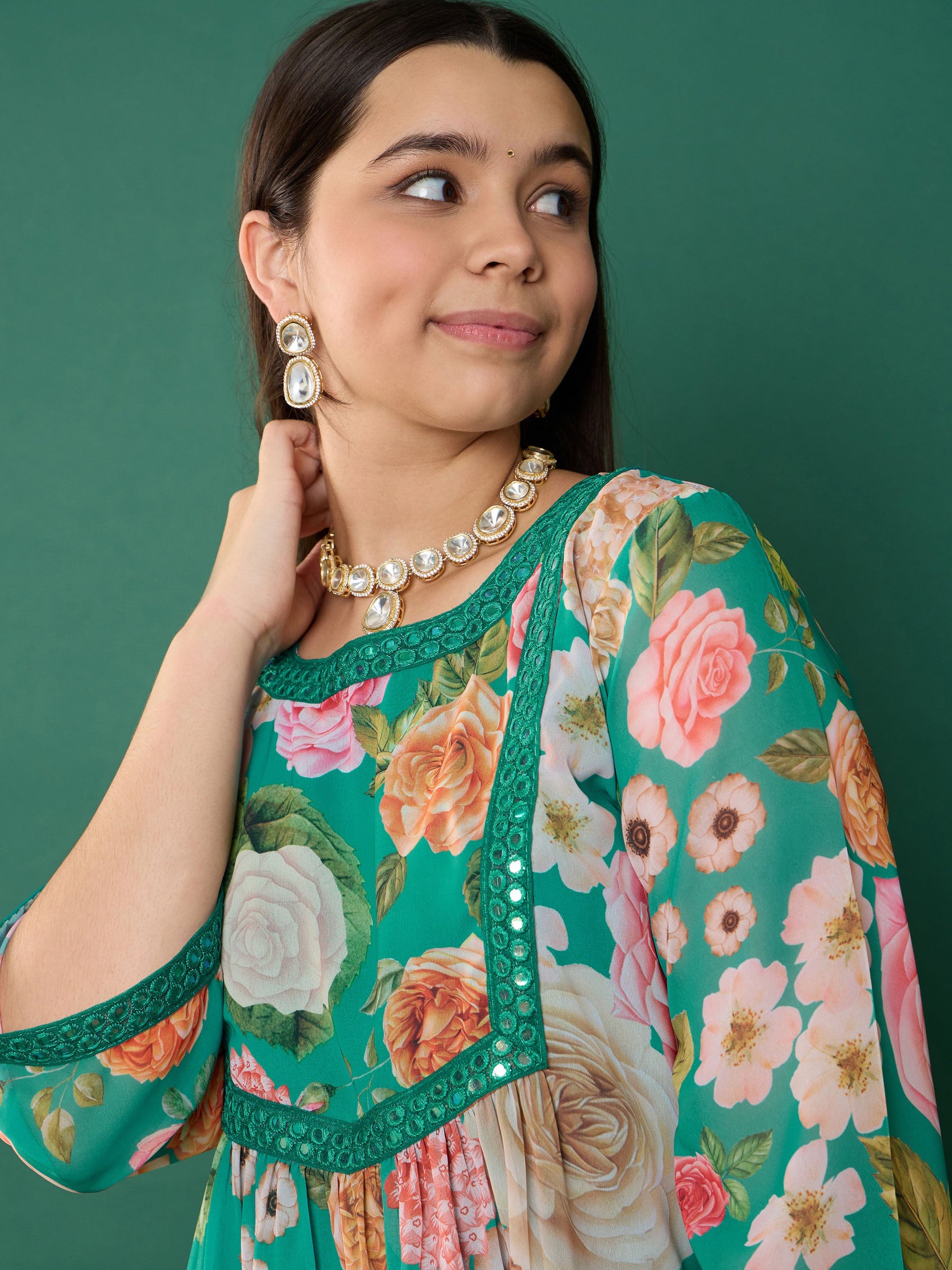 Green Floral Short Kurta With Sharara Pants-Noh.Voh