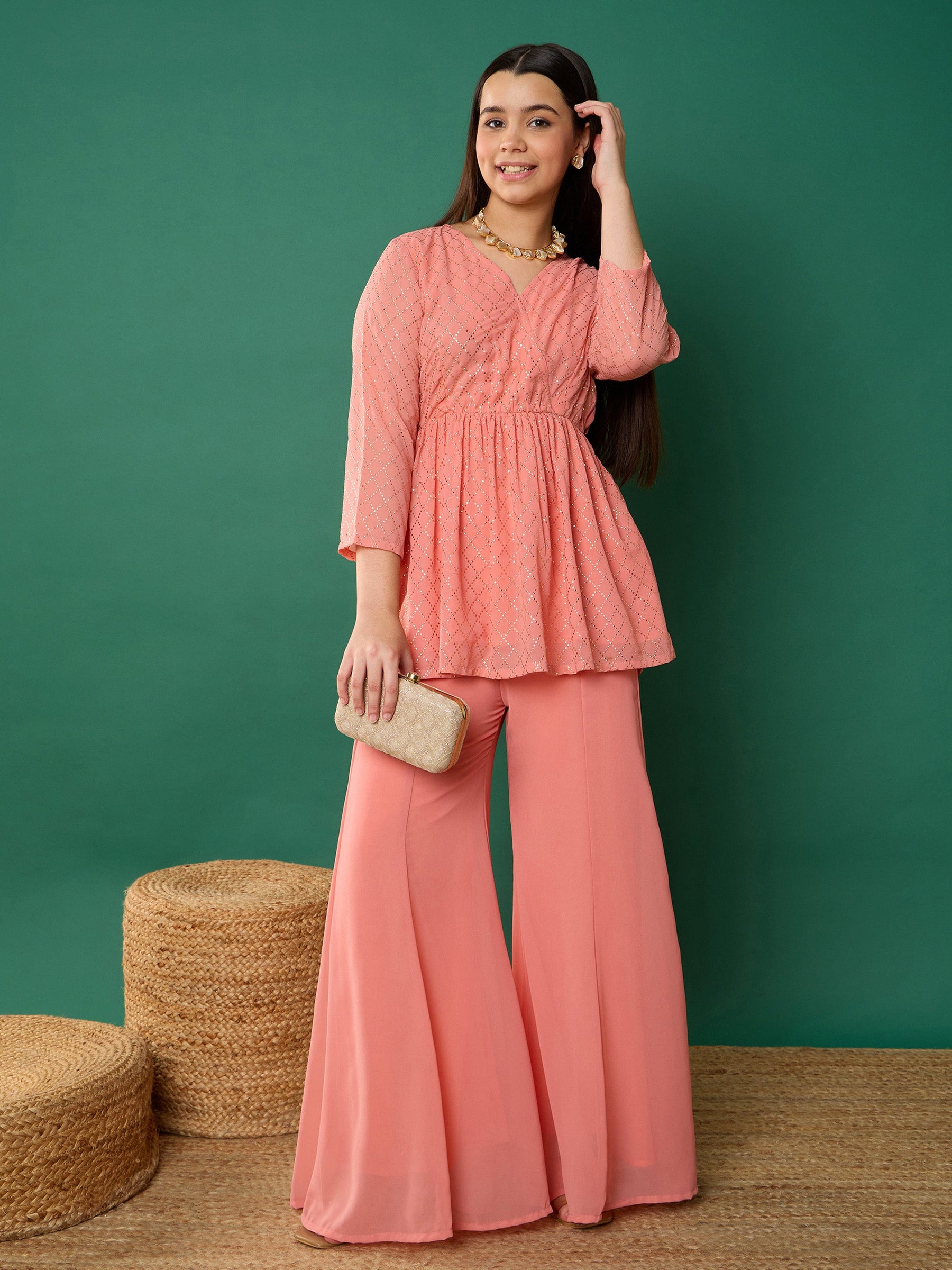 Pink Mukesh Wrap Peplum Top With Palazzos-Noh.Voh