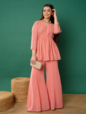 Pink Mukesh Wrap Peplum Top With Palazzos-Noh.Voh