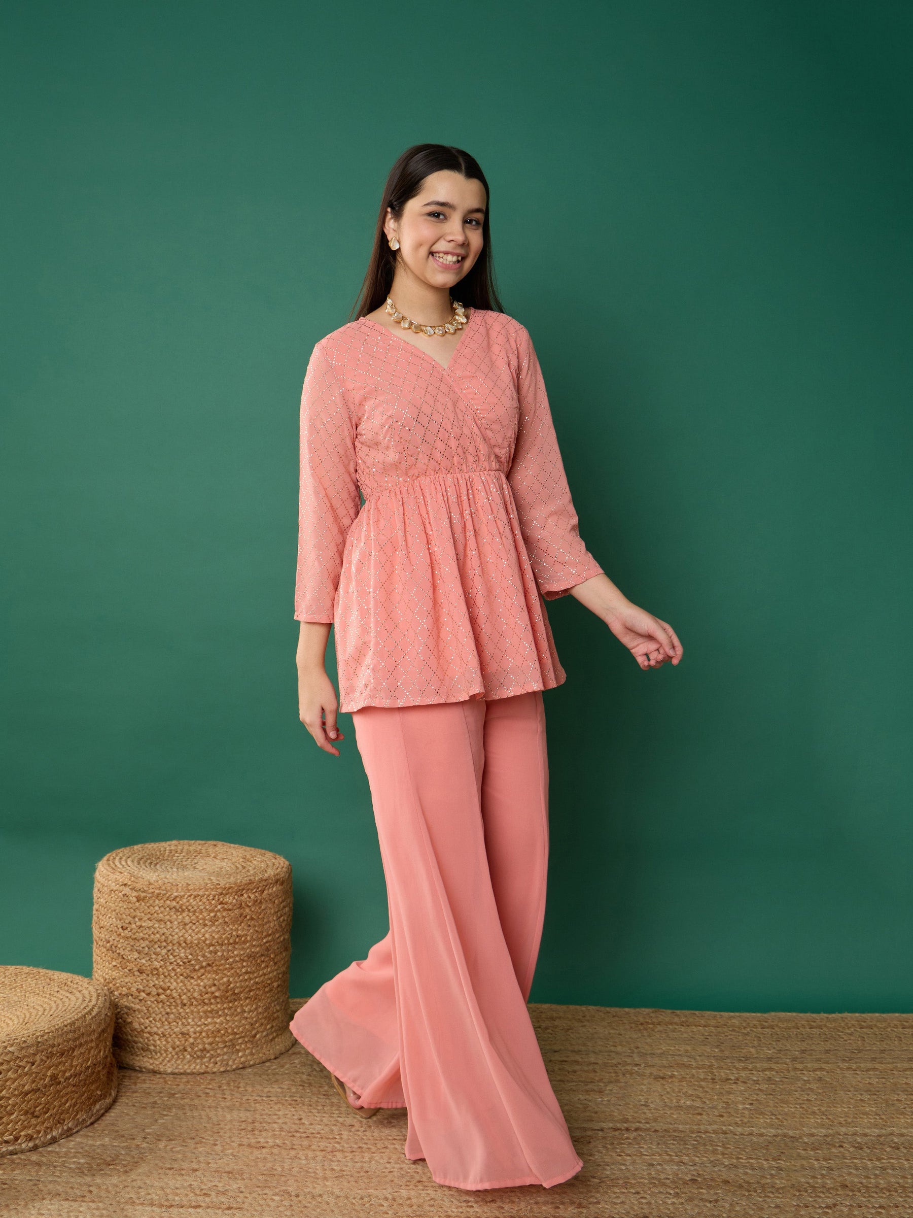 Pink Mukesh Wrap Peplum Top With Palazzos-Noh.Voh