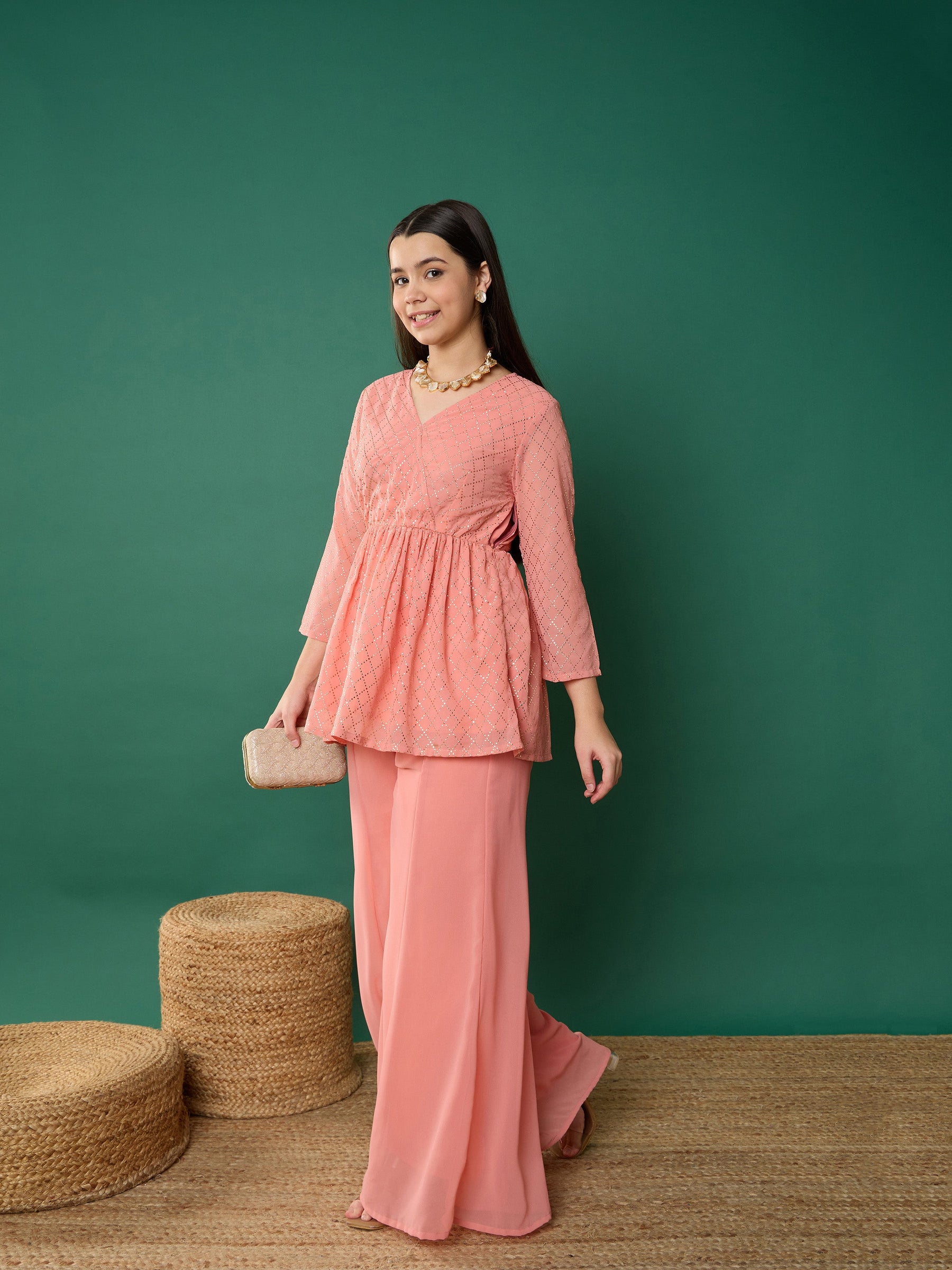 Pink Mukesh Wrap Peplum Top With Palazzos-Noh.Voh