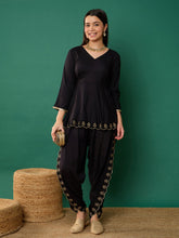 Black Solid Peplum Top With Dhoti Pants-Noh.Voh