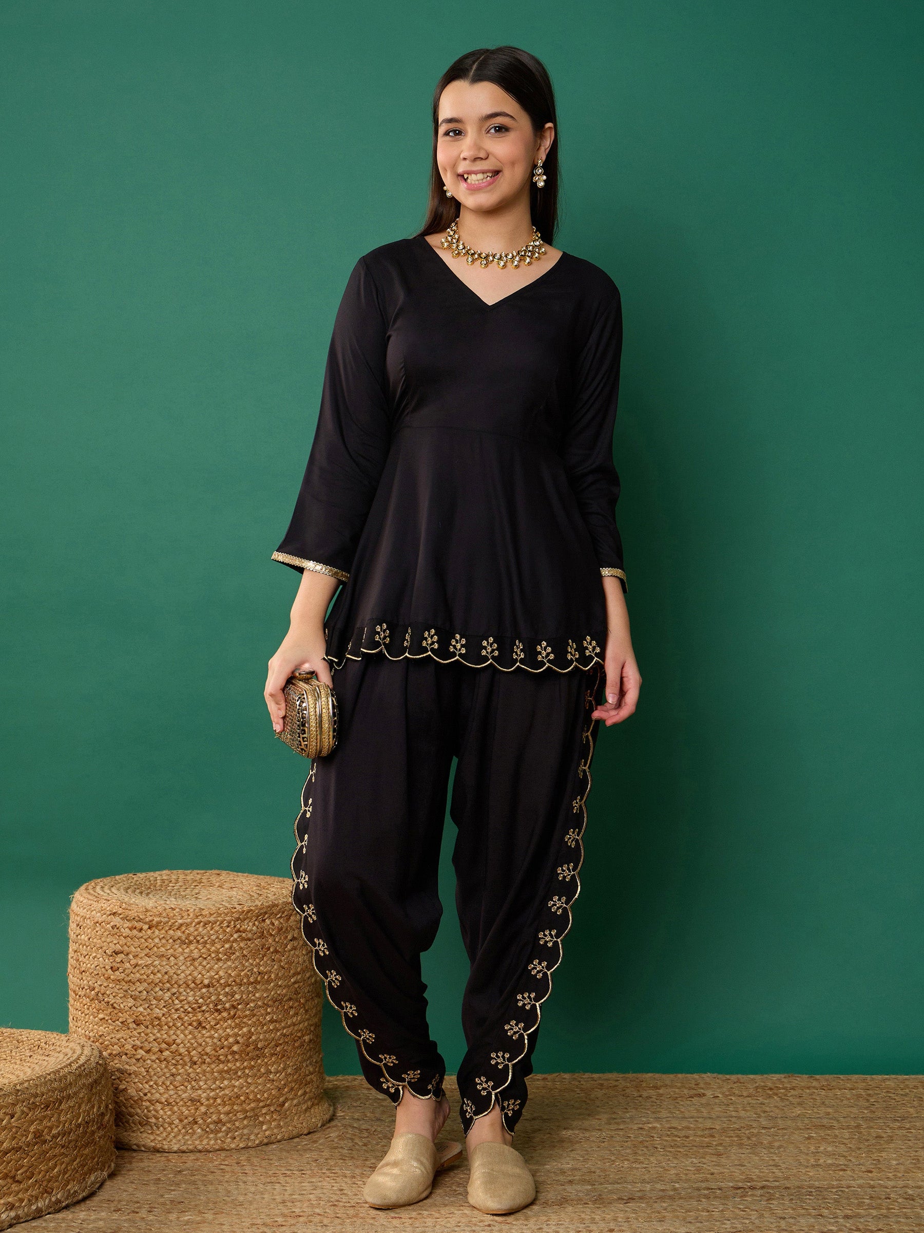 Black Solid Peplum Top With Dhoti Pants-Noh.Voh