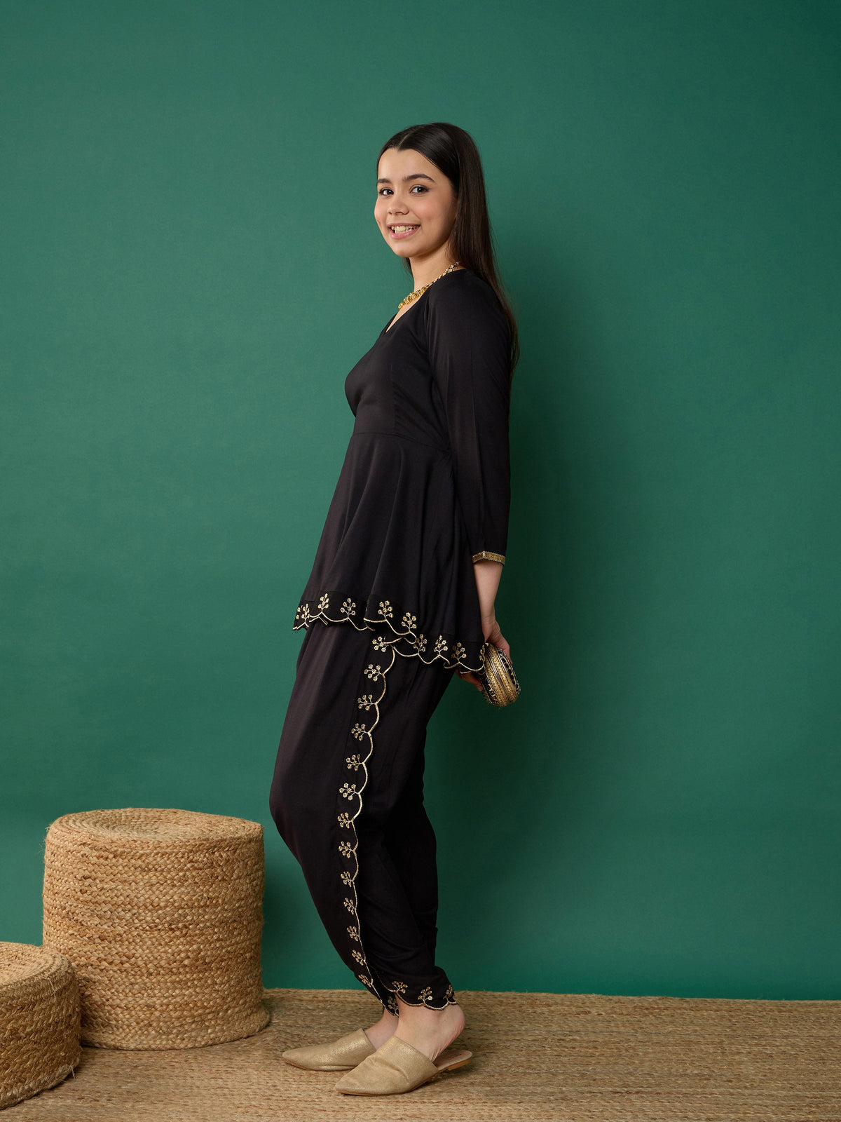 Black Solid Peplum Top With Dhoti Pants-Noh.Voh