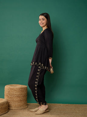 Black Solid Peplum Top With Dhoti Pants-Noh.Voh