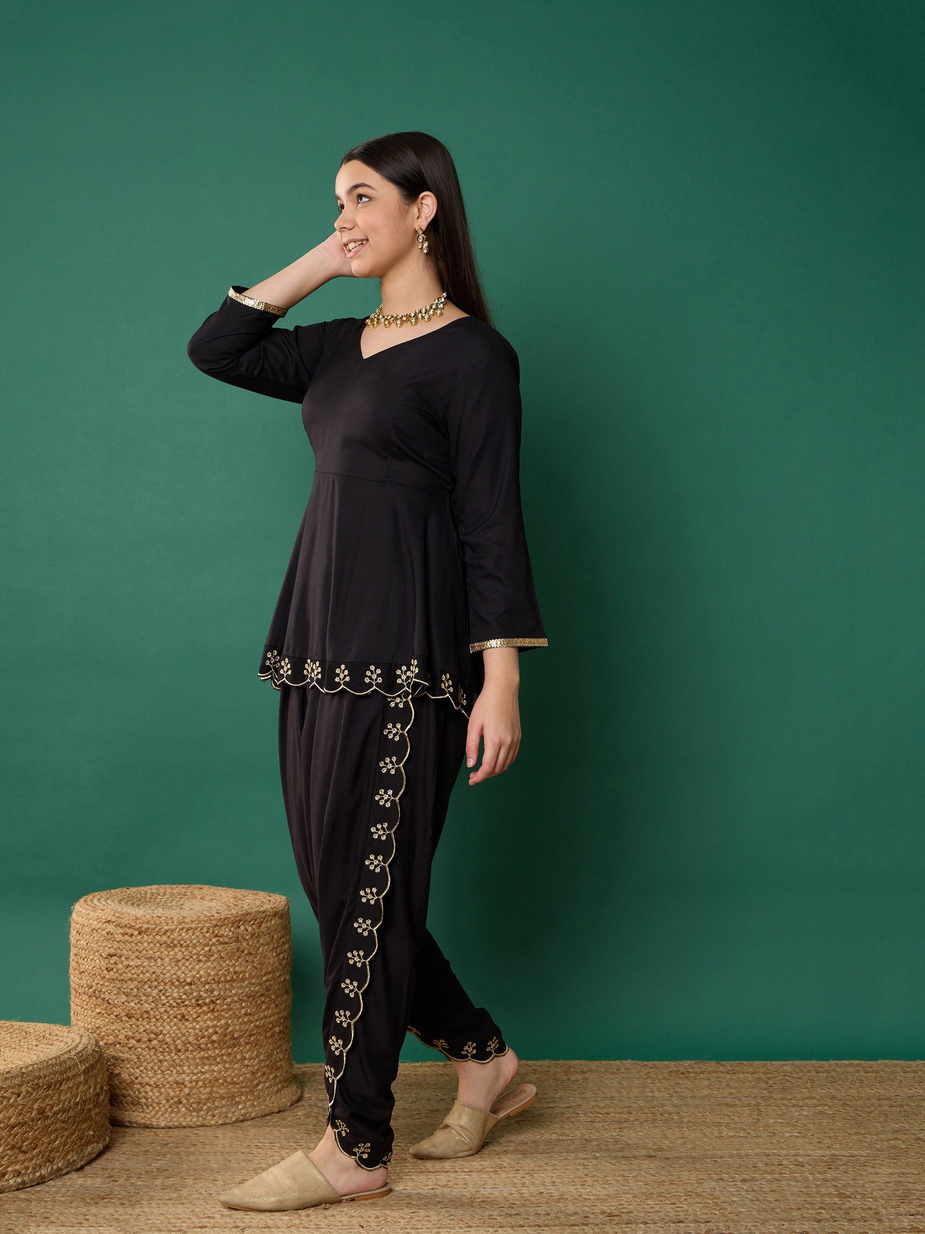 Black Solid Peplum Top With Dhoti Pants-Noh.Voh