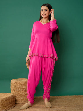 Fuchsia Solid Peplum Top With Dhoti Pants-Noh.Voh