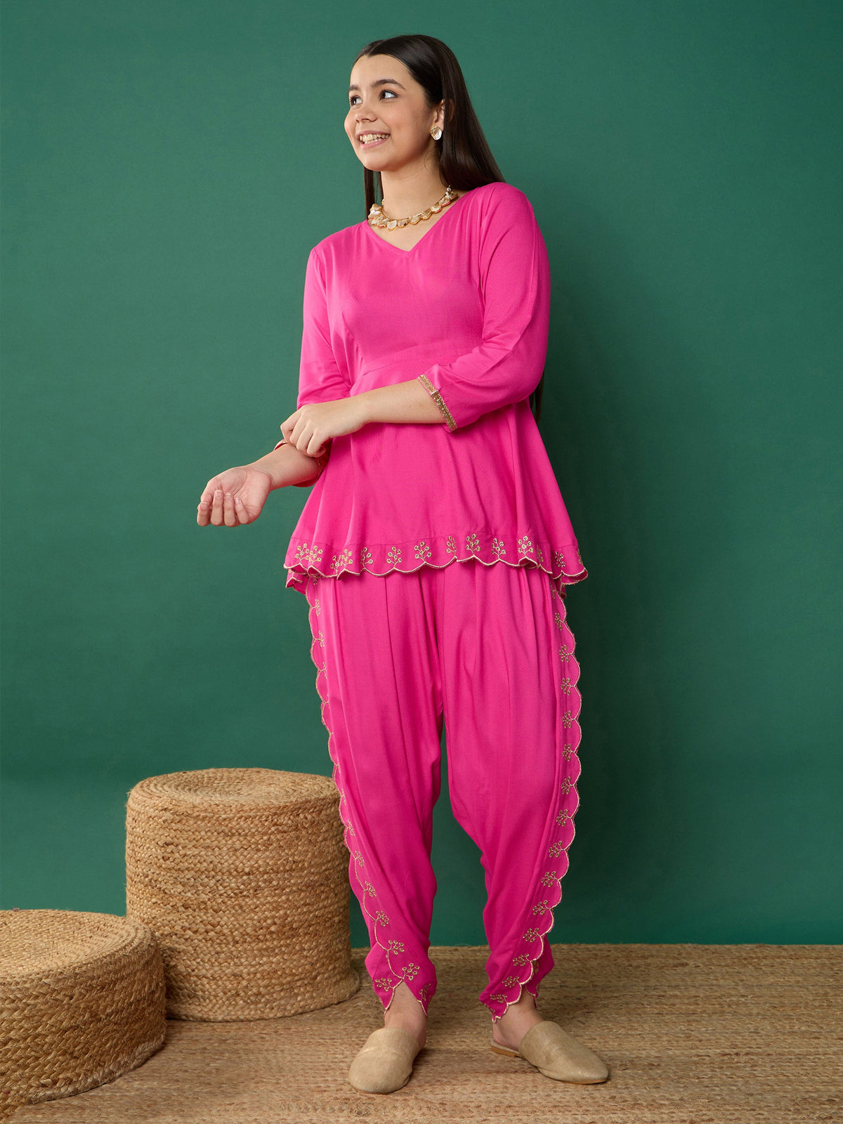 Fuchsia Solid Peplum Top With Dhoti Pants-Noh.Voh