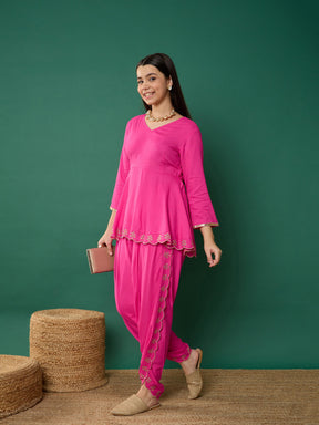 Fuchsia Solid Peplum Top With Dhoti Pants-Noh.Voh