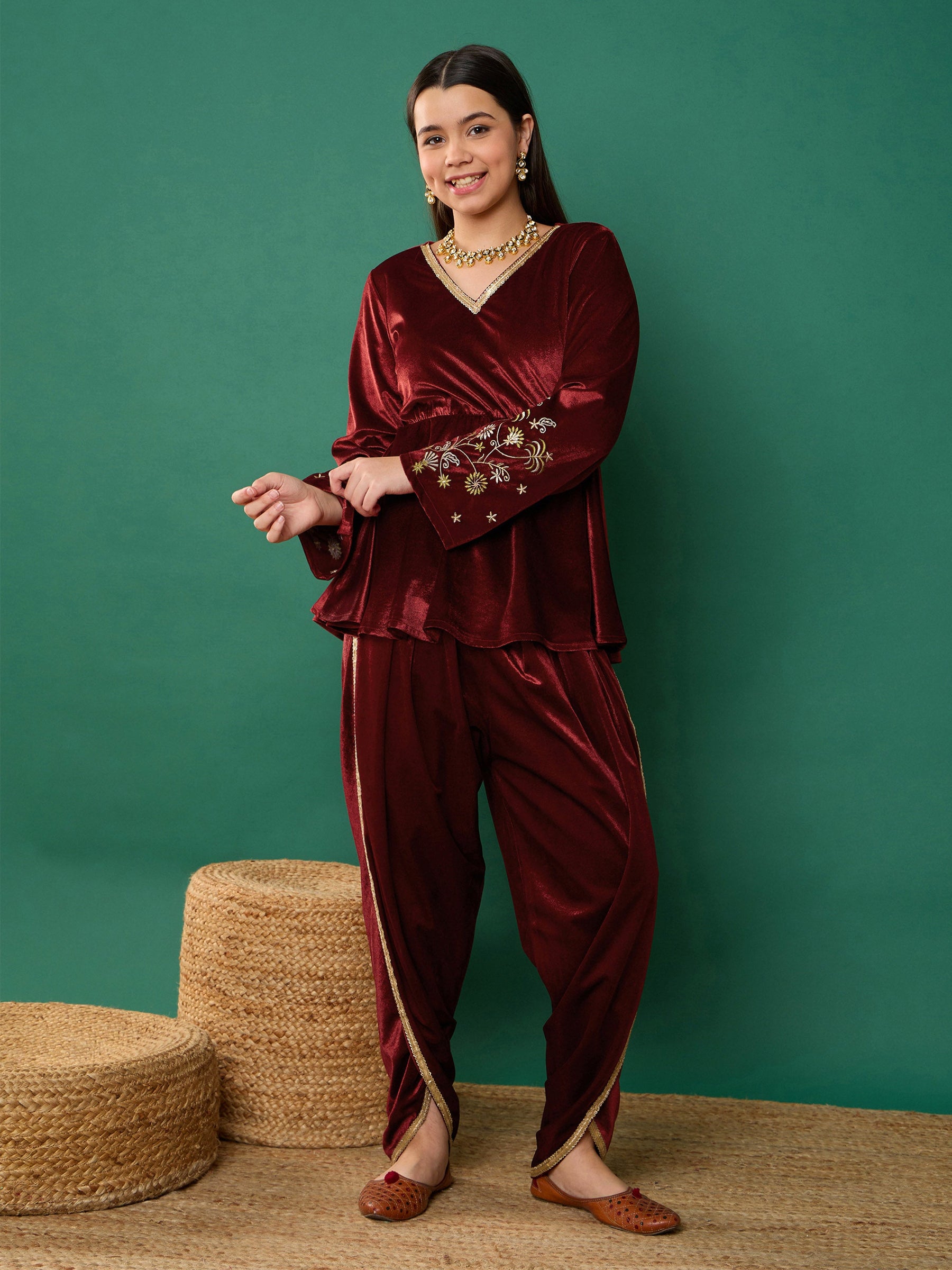 Maroon Velvet Emb Peplum Top With Dhoti Pants-Noh.Voh