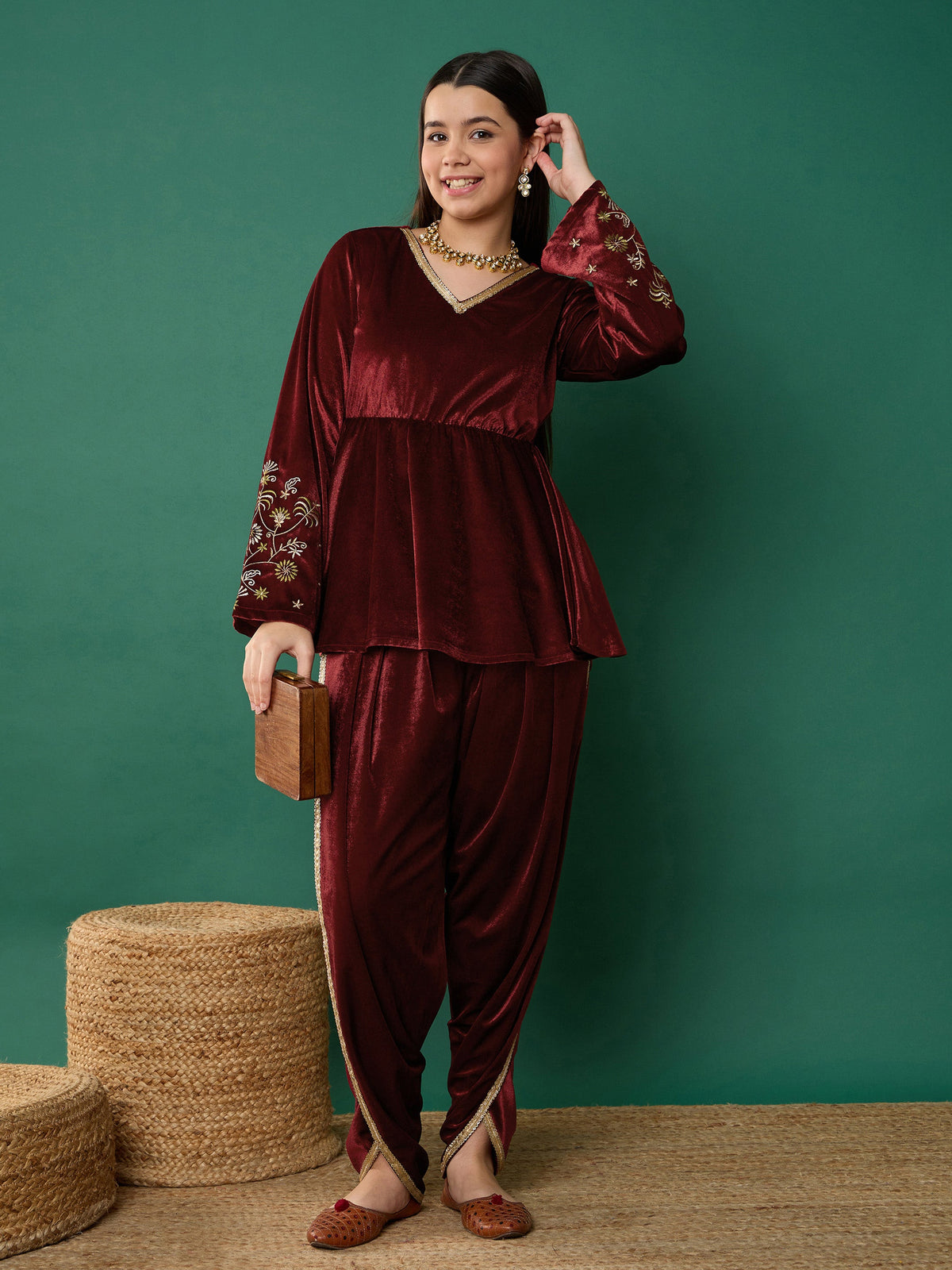 Maroon Velvet Emb Peplum Top With Dhoti Pants-Noh.Voh