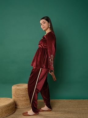 Maroon Velvet Emb Peplum Top With Dhoti Pants-Noh.Voh