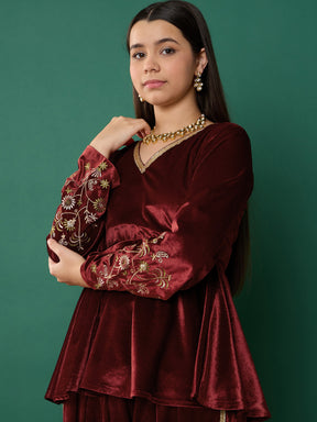 Maroon Velvet Emb Peplum Top With Dhoti Pants-Noh.Voh