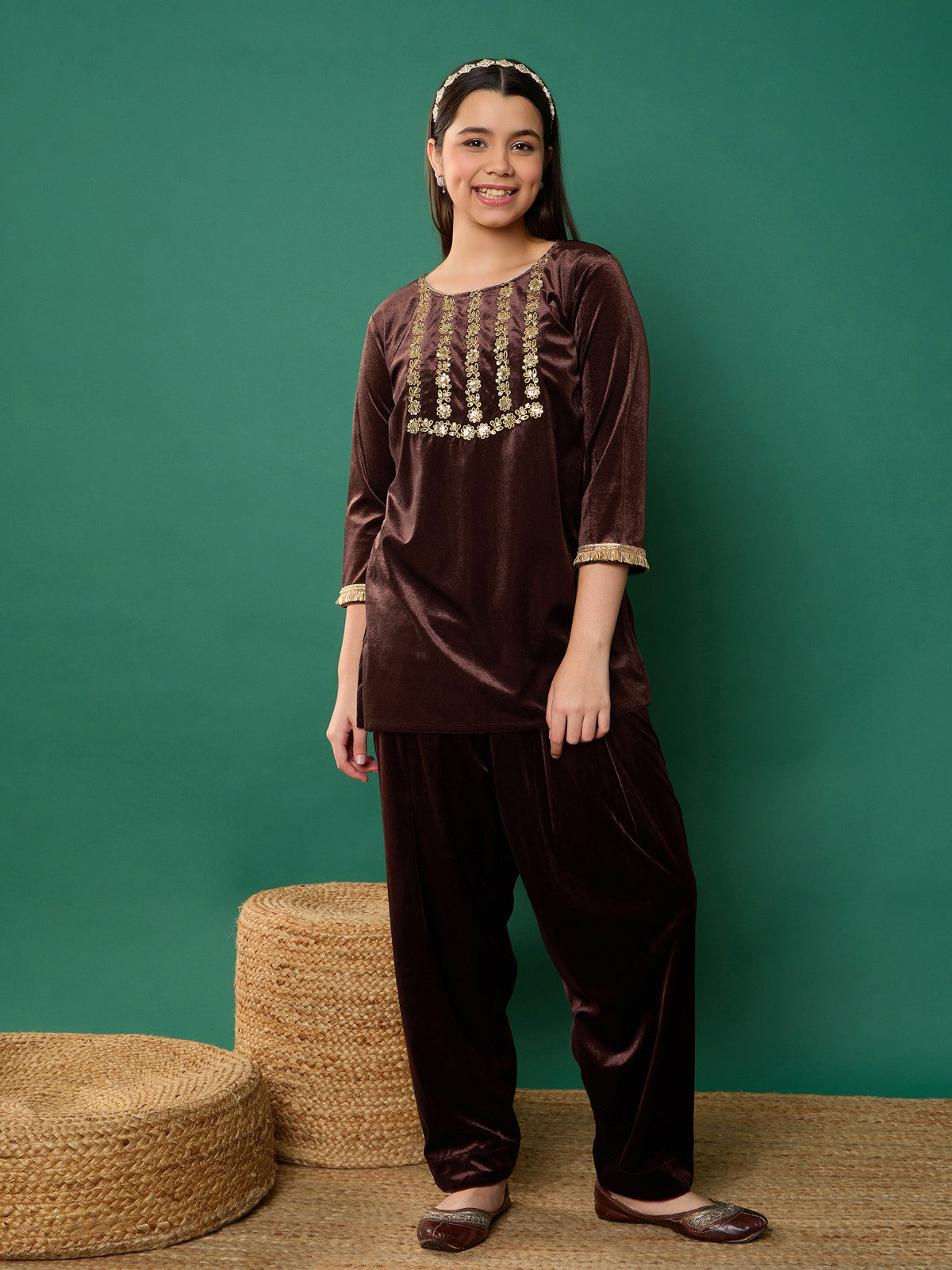 Brown Velvet Embroidered Kurta With Salwar-Noh.Voh