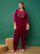 Fuchsia Velvet Embroidered Kurta With Salwar-Noh.Voh