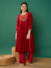 Red Velvet Embroidered Kurta With Pants-Noh.Voh