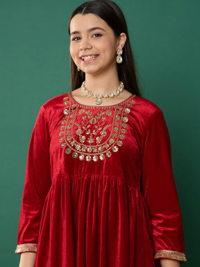 Red Velvet Embroidered Kurta With Pants-Noh.Voh